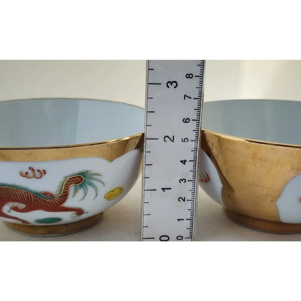 Bowls-Rice/Noodle-Chinese Theme-Spoons-Vintage-Gold Trim-Phoenix & Dragon-Set 2 - Picture 14 of 14